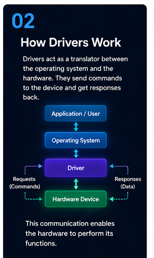 How drivers work — translating between operating system and hardware via requests and responses