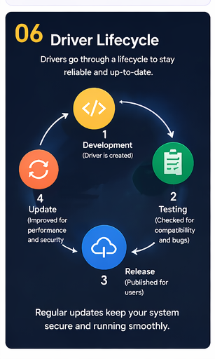 Driver lifecycle — development, testing, release, and update phases