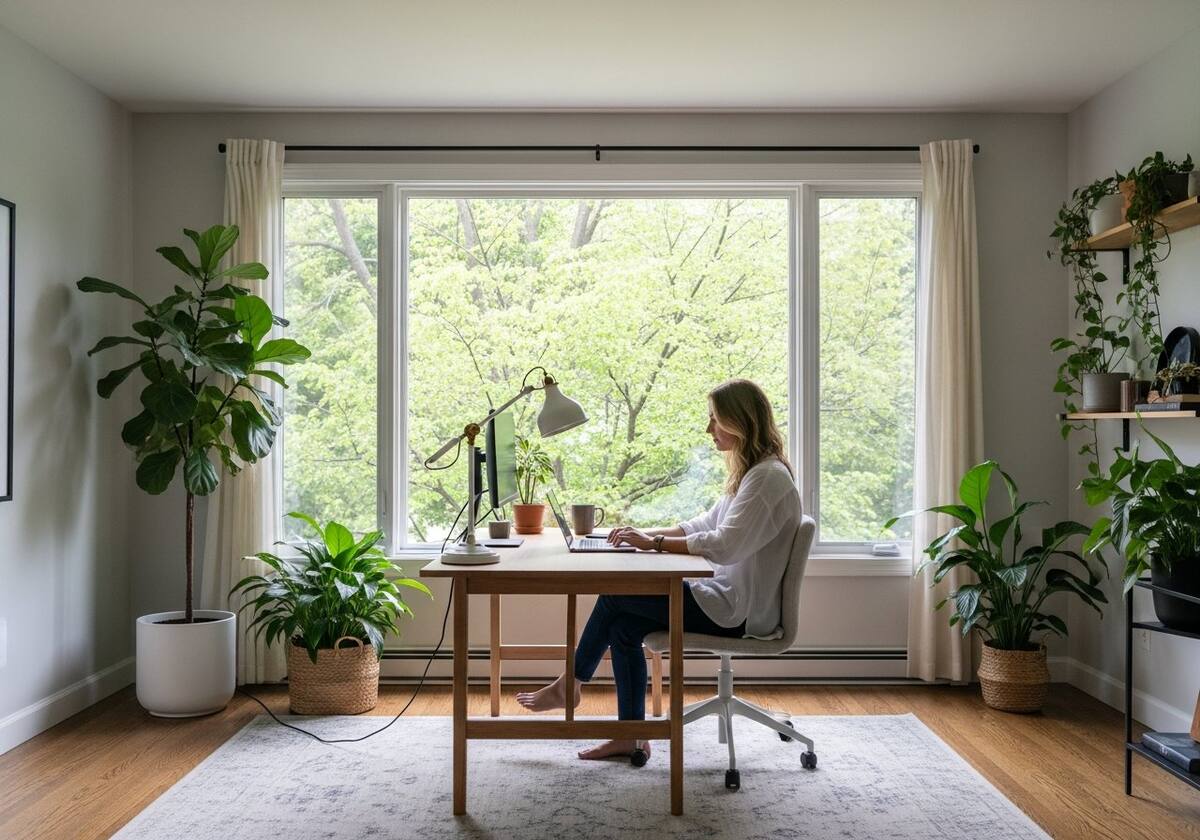 A person working calmly at their laptop in a bright workspace