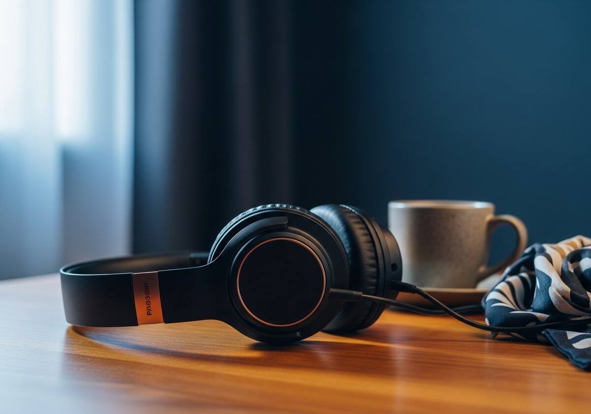 Premium over-ear headphones on a wooden surface