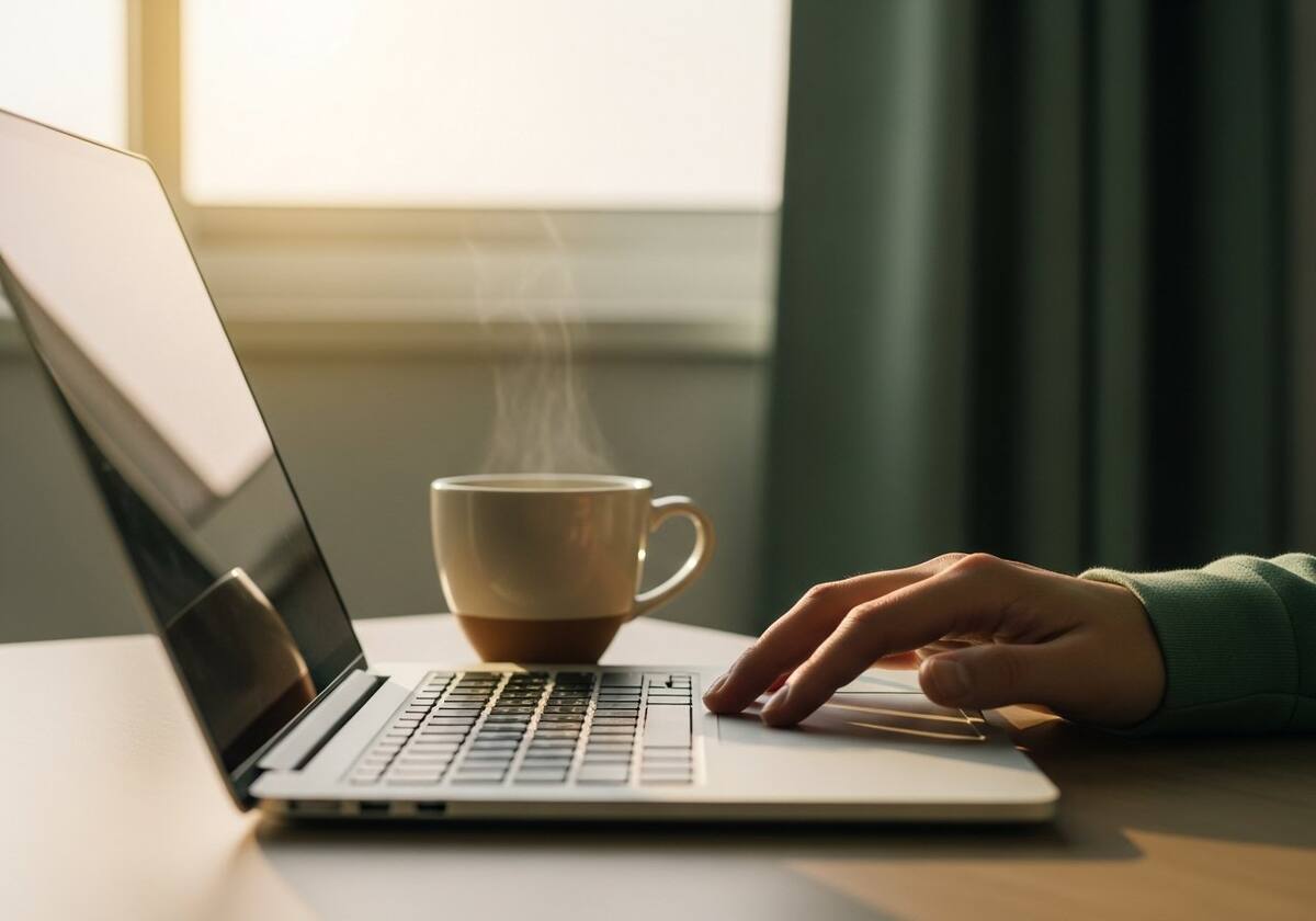 A person working at a laptop with a coffee on their desk