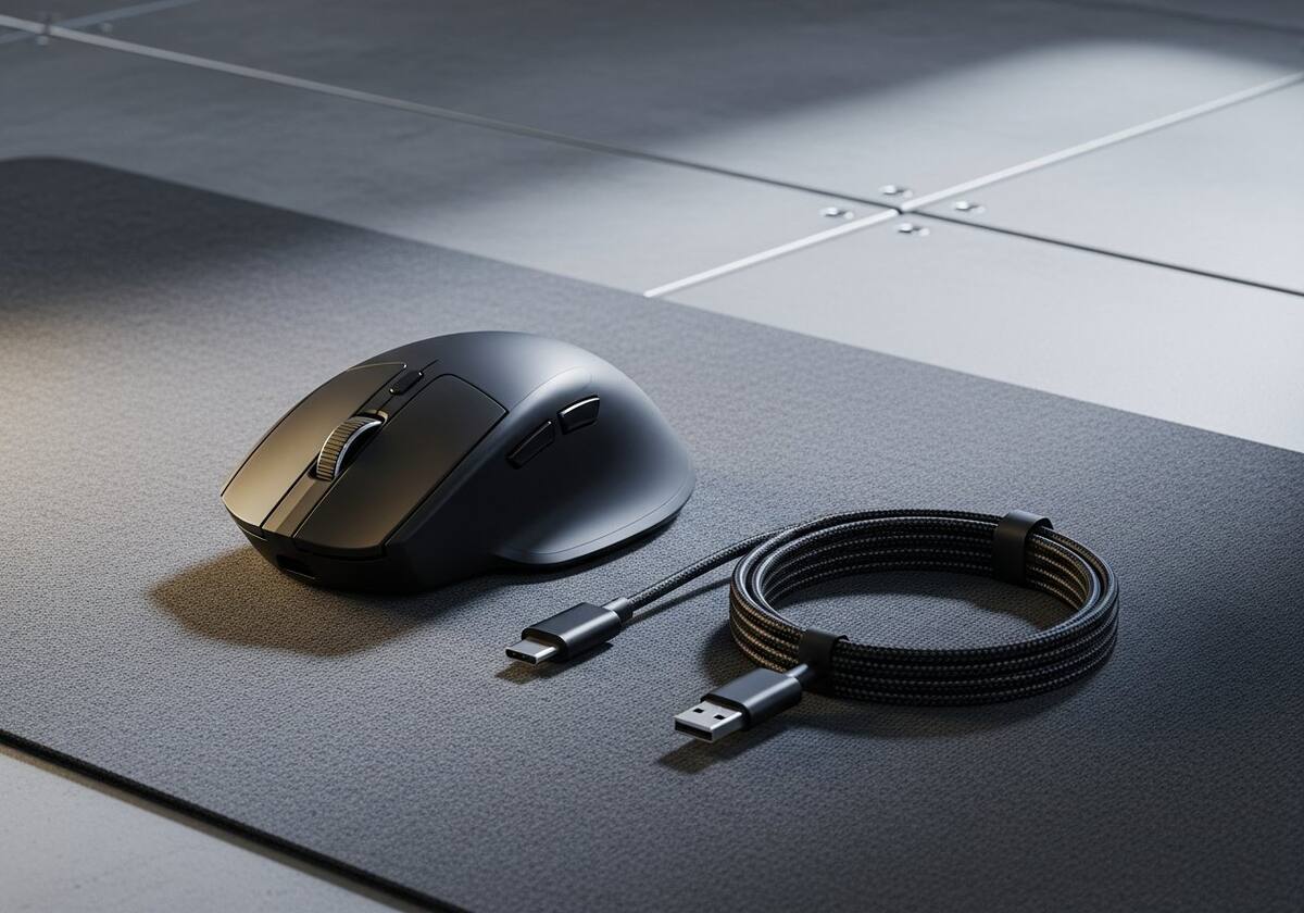 A laptop with a wireless mouse and headphones nearby