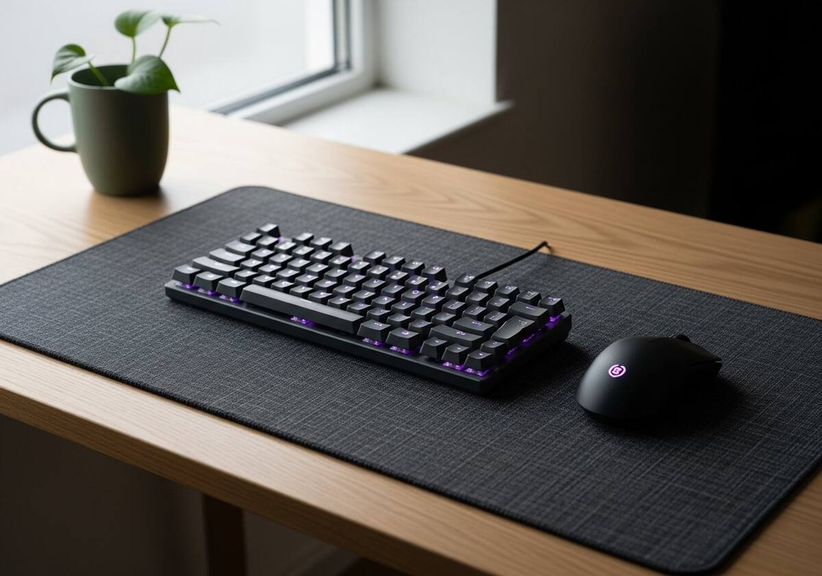 A keyboard and mouse on a clean desk